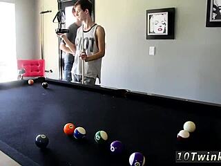 gay twinks in swim pool with cues and balls ready