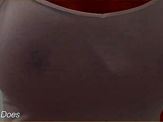 The wife bathes in the shower, her wet shirt clinging to big tits, homemade voyeur captures every detail.