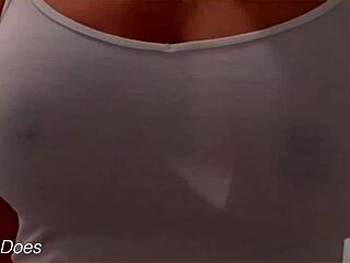 The wife bathes in the shower, her wet shirt clinging to big tits, homemade voyeur captures every detail.