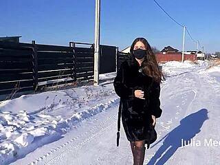 Slutty Wife Flashes Big Natural Tits in Snowy Winter Scene with Stockings On. Her Hot Body Tempts in the Cold!