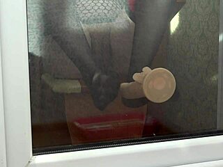 Slim milf masturbates juicy butt in doggystyle outside window with foot fetish in stockings