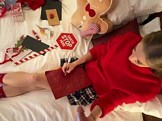 Can this tight pussy tease Santa with a handjob? Precum on paper for his brief.