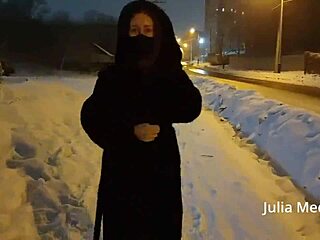 Slutty Wife Flashes Big Natural Tits in Snowy Winter Scene with Stockings On. Her Hot Body Tempts in the Cold!