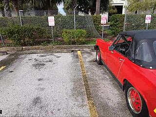 Tattooed redhead bends over for garage fuck to fix classic car