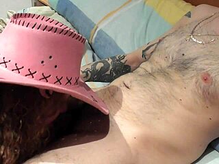 Friend gives intense blowjob while riding with cowgirl hat!