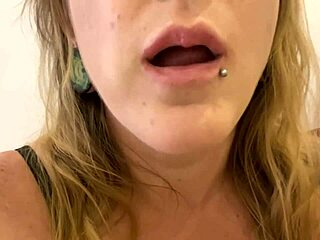 curvy milf with piercing and tongue shows off dirty talk in gummy bears swallow fetish