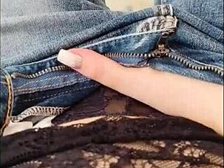 Oh, what a hot morning! Teen masturbates in jeans outdoors with loud moans.