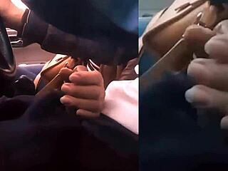 She gives a blowjob in the car. The guy enjoys it immensely.