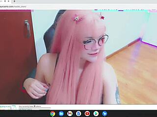 hentai cosplay babe with pink hair and glasses in cute costume