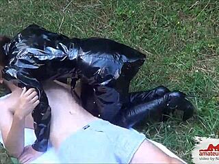 Quick outdoor blowjob leads to creampie in park.