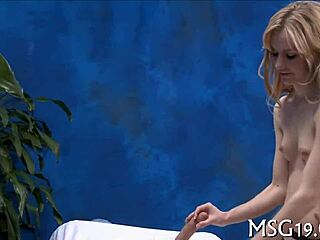 Teasing hot Georgia massage: oiled babe bent over for deep relief.