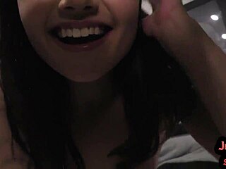 Sweet 21-year-old amateur girlfriend sucks and rides her boyfriend's cock in close-up POV, her shaved pussy glistening.