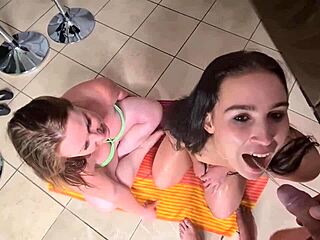 Two girls in ffm threesome swap and swallow mouthfuls of piss in pov, two rounds with big natural tits