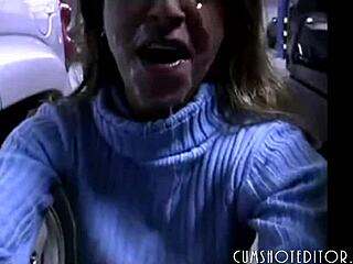 amateur brunette milf hints at a public blowjob leading to cumshot in pov.