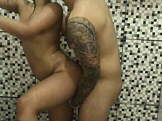 horny teen 18+ brunette gets anal fucked in bathroom