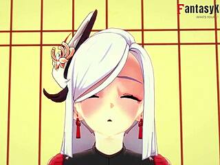 Shenhe performs foot work in Genshin Impact cosplay