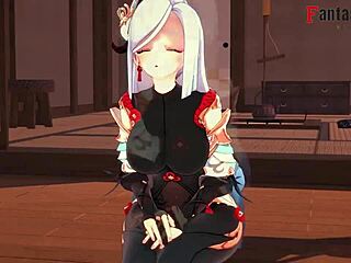 Shenhe performs foot work in Genshin Impact cosplay