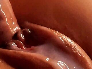Beautiful Pussy Gleams with Lubricant and Cum in Close-Up View