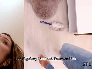 Cute girlfriend stuck on table gets hardcore help