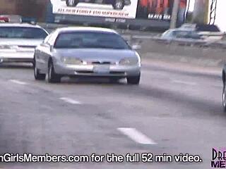 Freaky brunette rides naked in my car flashing natural tits outdoors