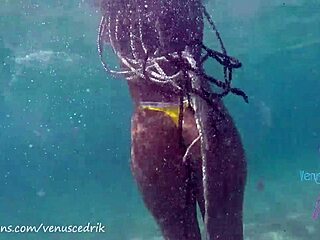 Venus Afrodita gives a deepthroat blowjob on a wet public beach.