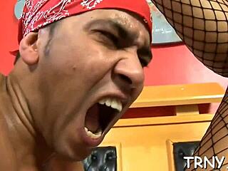 Female performs hardcore blowjob on transsexual in crossdressing scene