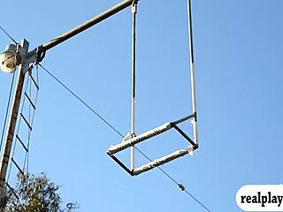 Lovely Badass Babes Enjoy Swinging Naked in Outdoor Reality Scene, Brunette and Blonde Babes Fully Exposed.