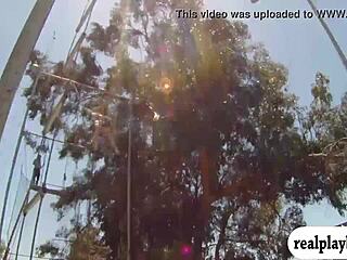 Lovely Badass Babes Enjoy Swinging Naked in Outdoor Reality Scene, Brunette and Blonde Babes Fully Exposed.