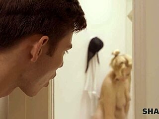 juicy butt milf sucks cock in steamy bathroom.