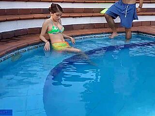 innocent latina enjoys pool with stepbrother sucking cock and fucking outdoors