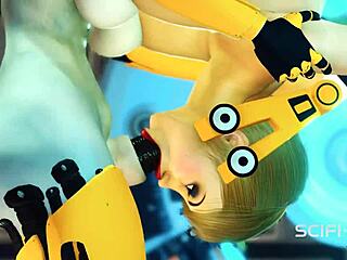 Cuffed sci-fi hottie and shemale android drilled hard in lab BDSM chaos