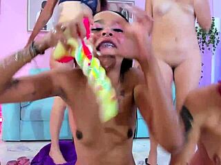 Sucking huge dildos deep