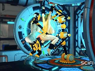Cuffed sci-fi hottie and shemale android drilled hard in lab BDSM chaos
