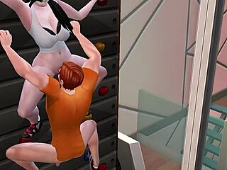 Redhead Lesbian Threesome in Gym with Boobs Pussy Blowjob Cock