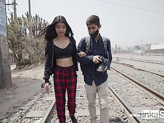Peruvian guy approaches petite Venezuelan model near train