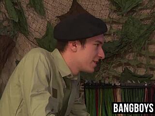 A young twink gets his ass pounded by a well-endowed soldier, resulting in a massive cumshot