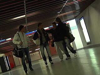 Four horny college boys jerk and suck in wild dorm fun