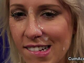 feeling overwhelmed as spicy stunner gulps cumshot on her face in extreme bukkake
