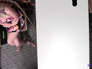 Blonde teen cries for mercy in office prison scene