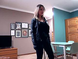 Lesbian Intruder in Leather Gloves Gropes and Fucks with Dildo