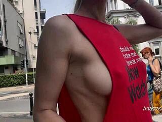 Braless City Walk Flashing Pierced Nipples Outdoors