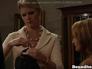 Business woman mistress watches slaves licking pussy