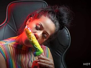 Sexy Latina sucks huge dick-shaped lollipop and makes you cum with her dirty talk!