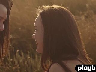 Petite teen babes rip clothes and undress in lingerie outdoors before striptease