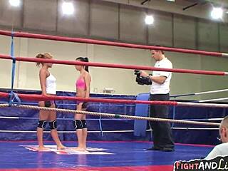 Wrestling lesbian babes size each other up