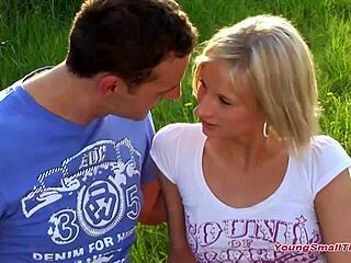 blonde german girl flashes petite 18+ tits in daring public outdoor scene