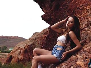 gloria sol's perfect natural milf body in outdoor mountain striptease