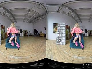 Blonde amateur strips in vr, clothes ripping teasingly