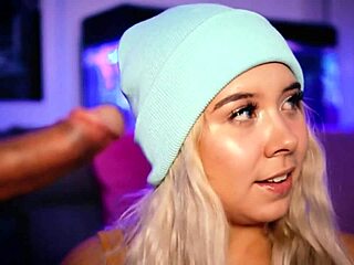 Blonde with cute face gives boyfriend footjob