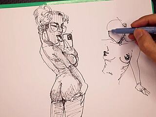 porn artist at work sketching sexy girls with big tits and asses fast